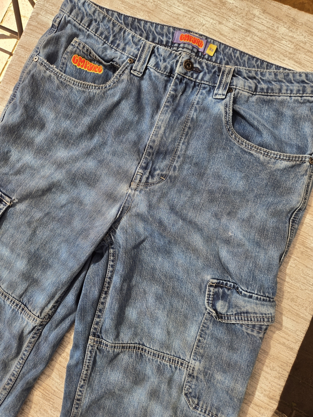 Empyre Men's Washed Blue Denim Cargo Pants with Patch Logo